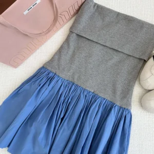 Miu Miu Women Poplin and Jersey Miniskirt-Blue