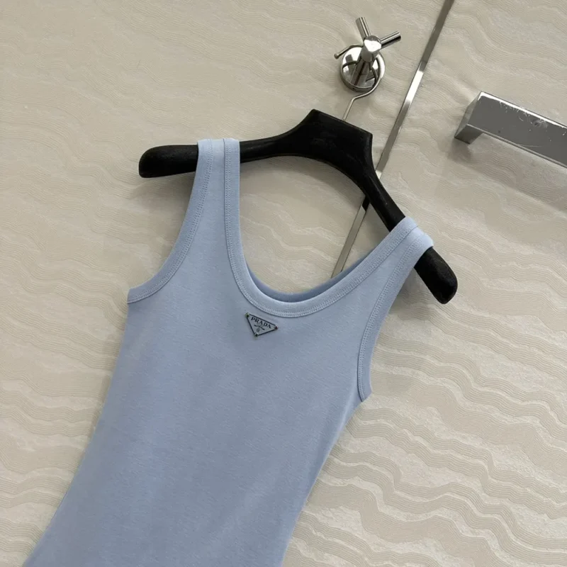 Prada Women Ribbed Knit Top-Blue 39576L14L0