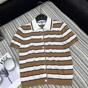 Prada Women Short-sleeved Striped Cotton Cardigan-White