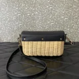 Valentino Women Garavani Locò VLOGO Flap Straw Shoulder Bag-Black