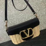 Valentino Women Garavani Locò VLOGO Flap Straw Shoulder Bag-Black