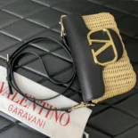Valentino Women Garavani Locò VLOGO Flap Straw Shoulder Bag-Black