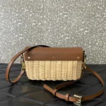 Valentino Women Garavani Locò VLOGO Flap Straw Shoulder Bag-Brown