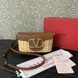Valentino Women Garavani Locò VLOGO Flap Straw Shoulder Bag-Brown