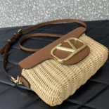 Valentino Women Garavani Locò VLOGO Flap Straw Shoulder Bag-Brown