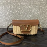 Valentino Women Garavani Locò VLOGO Flap Straw Shoulder Bag-Brown