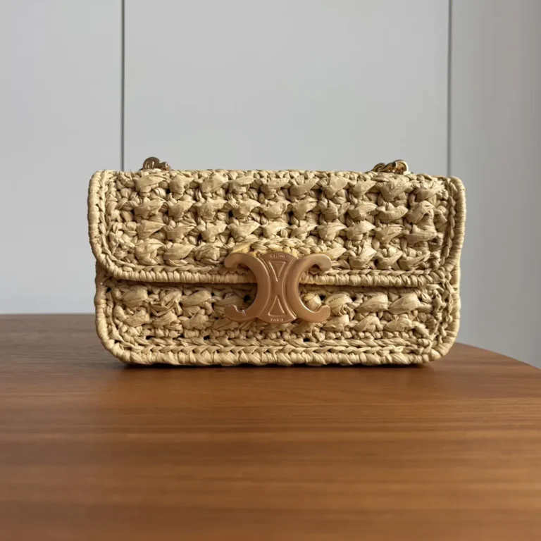Celine Women Chain Shoulder Bag Claude in Raffia Effect Textile