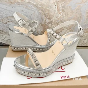 Christian Louboutin Women Silver Leather Calf Leather/Studded Cataclou 140 Platform Espadrille