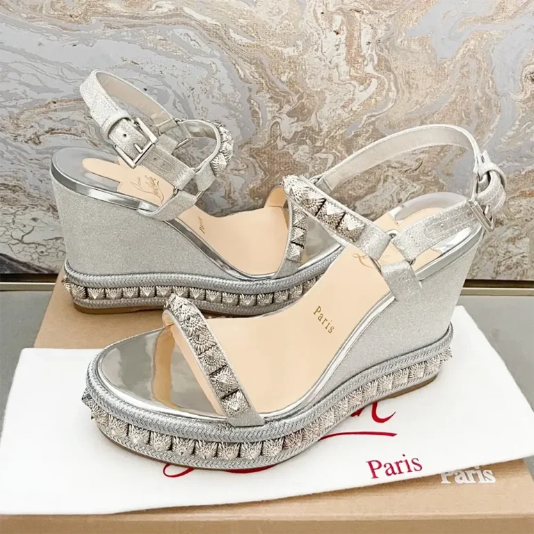 Christian Louboutin Women Silver Leather Calf Leather/Studded Cataclou 140 Platform Espadrille