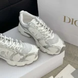 Dior Unisex Chrono Sneaker White Mesh with Silver-Tone and White Laminated Leather-Effect Inserts