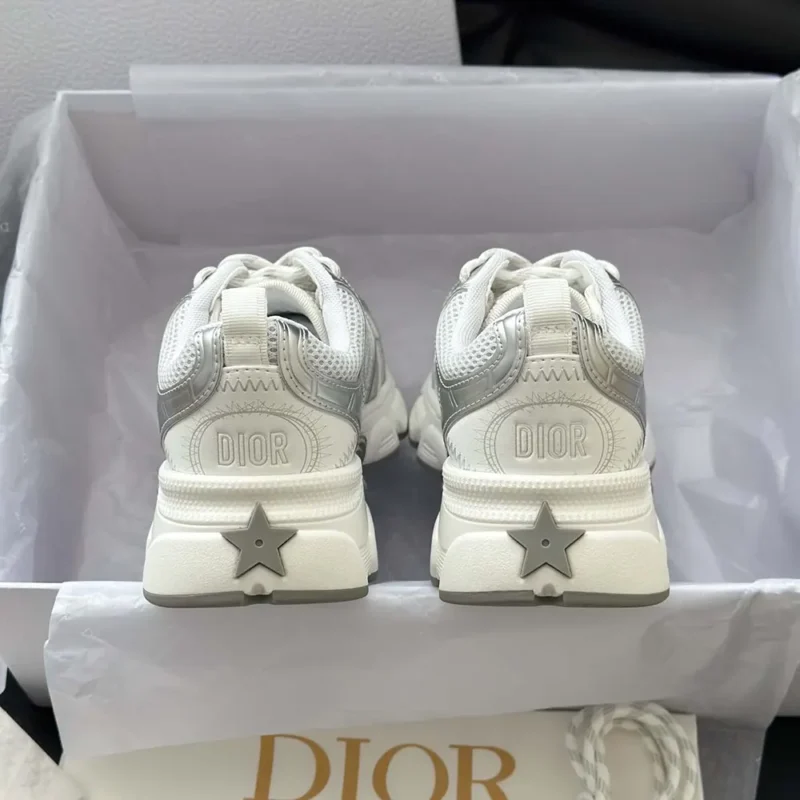 Dior Unisex Chrono Sneaker White Mesh with Silver-Tone and White Laminated Leather-Effect Inserts