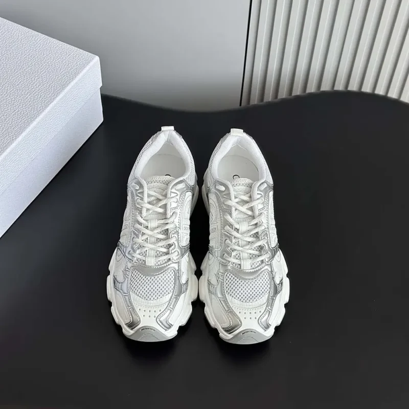 Dior Unisex Chrono Sneaker White Mesh with Silver-Tone and White Laminated Leather-Effect Inserts