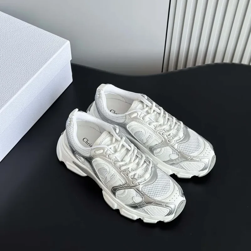 Dior Unisex Chrono Sneaker White Mesh with Silver-Tone and White Laminated Leather-Effect Inserts