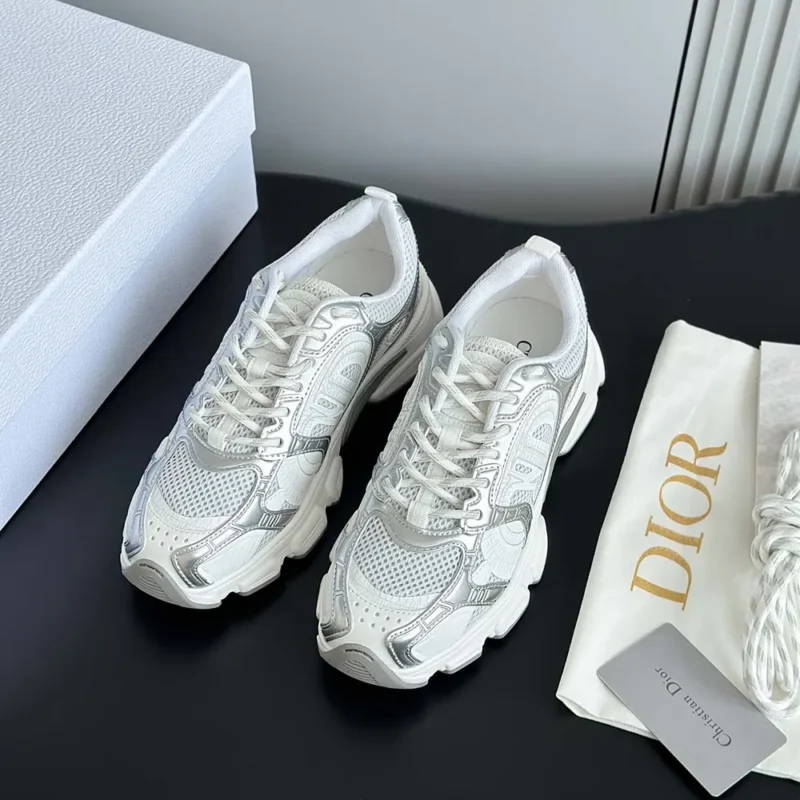 Dior Unisex Chrono Sneaker White Mesh with Silver-Tone and White Laminated Leather-Effect Inserts