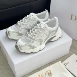 Dior Unisex Chrono Sneaker White Mesh with Silver-Tone and White Laminated Leather-Effect Inserts
