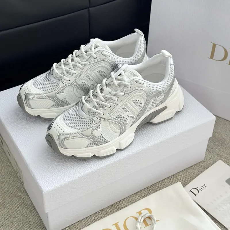 Dior Unisex Chrono Sneaker White Mesh with Silver-Tone and White Laminated Leather-Effect Inserts