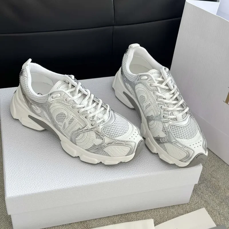 Dior Unisex Chrono Sneaker White Mesh with Silver-Tone and White Laminated Leather-Effect Inserts