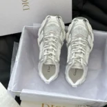 Dior Unisex Chrono Sneaker White Mesh with Silver-Tone and White Laminated Leather-Effect Inserts