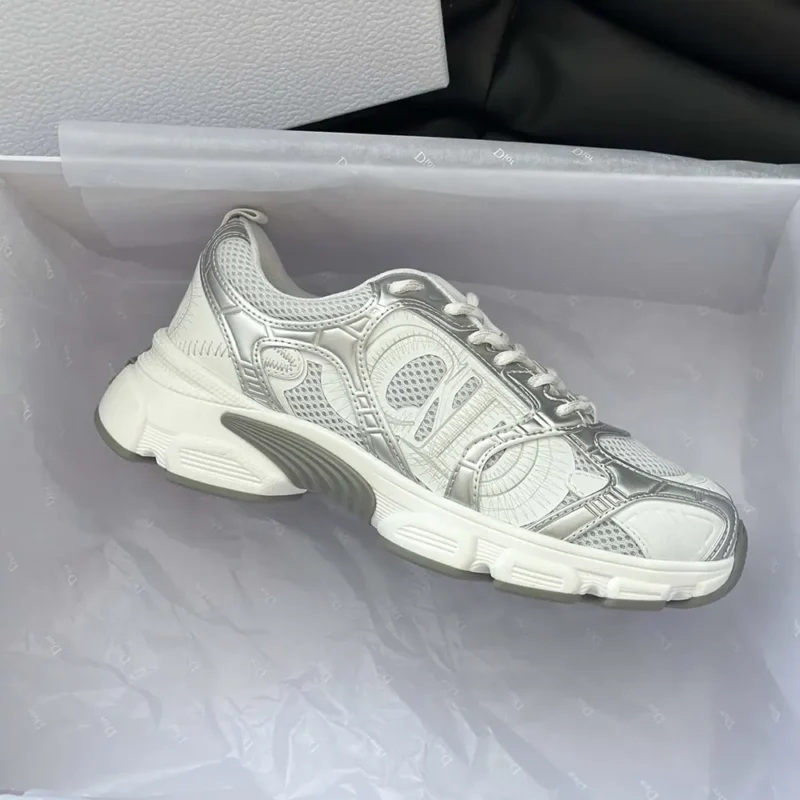 Dior Unisex Chrono Sneaker White Mesh with Silver-Tone and White Laminated Leather-Effect Inserts