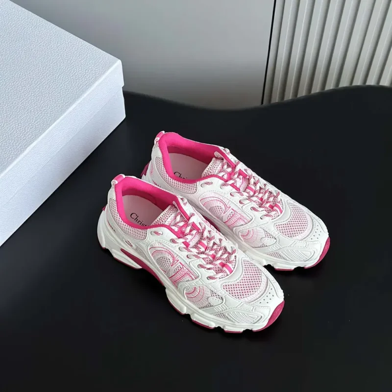 Dior Unisex Chrono Sneaker White and Fuchsia Mesh with Leather-Effect Panels