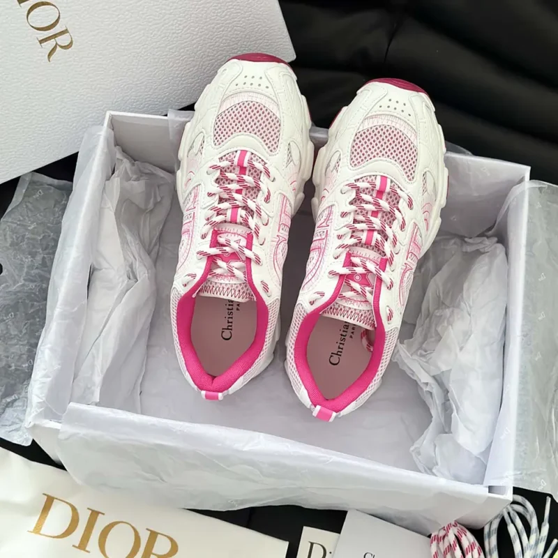 Dior Unisex Chrono Sneaker White and Fuchsia Mesh with Leather-Effect Panels