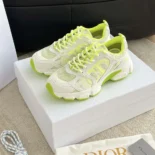 Dior Unisex Chrono Sneaker White and Lime Green Mesh with Leather-Effect Panels