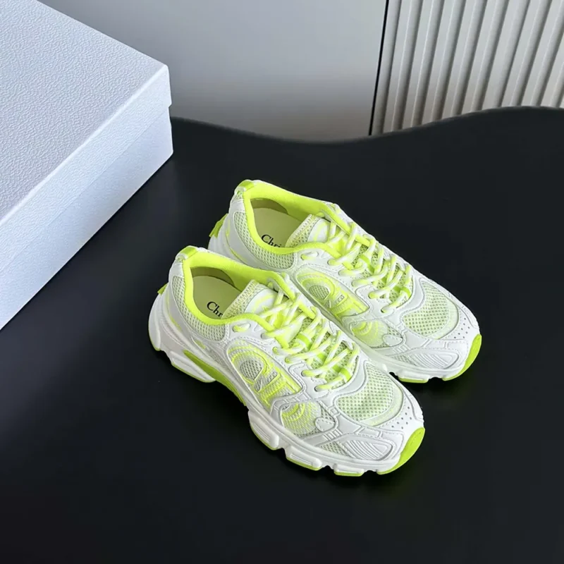 Dior Unisex Chrono Sneaker White and Lime Green Mesh with Leather-Effect Panels
