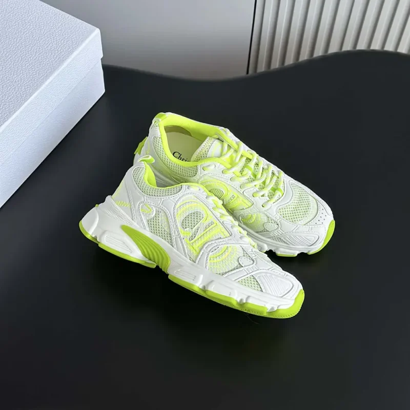 Dior Unisex Chrono Sneaker White and Lime Green Mesh with Leather-Effect Panels