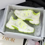 Dior Unisex Chrono Sneaker White and Lime Green Mesh with Leather-Effect Panels
