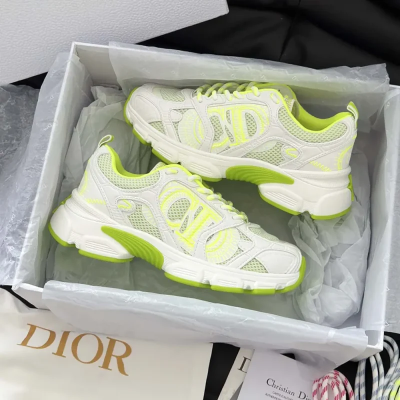 Dior Unisex Chrono Sneaker White and Lime Green Mesh with Leather-Effect Panels
