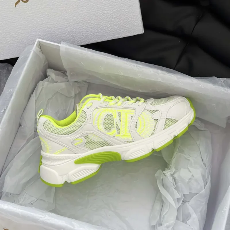 Dior Unisex Chrono Sneaker White and Lime Green Mesh with Leather-Effect Panels
