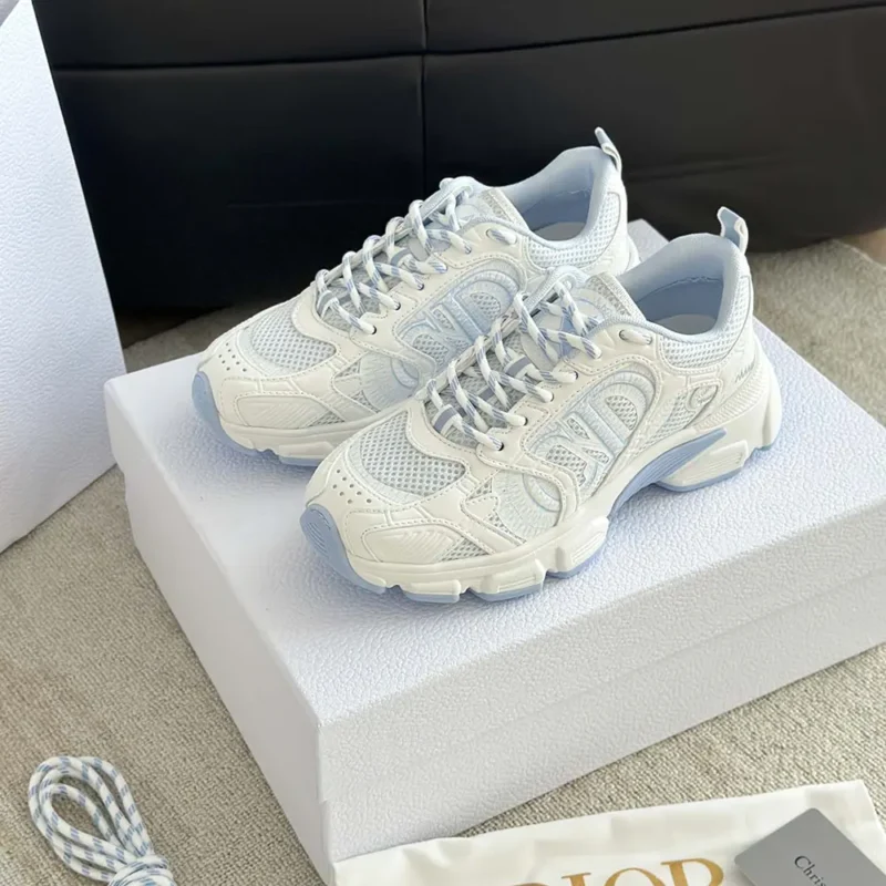 Dior Unisex Chrono Sneaker White and Sky Blue Mesh and Leather-Effect Panels