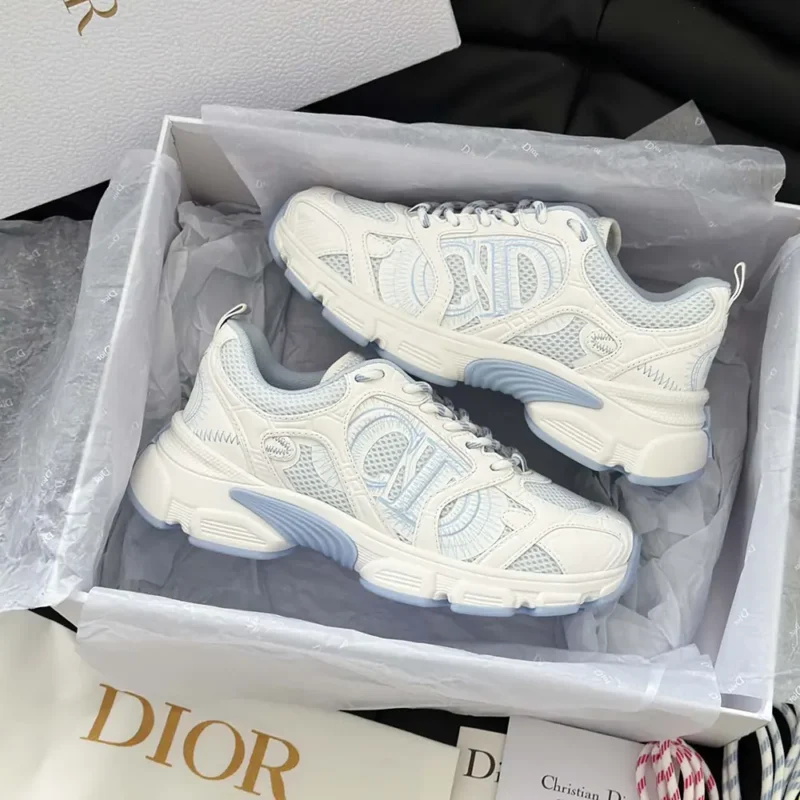 Dior Unisex Chrono Sneaker White and Sky Blue Mesh and Leather-Effect Panels