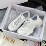 Dior Unisex Chrono Sneaker White and Sky Blue Mesh and Leather-Effect Panels
