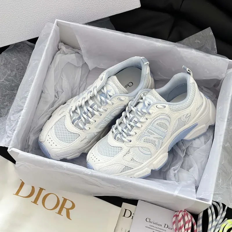 Dior Unisex Chrono Sneaker White and Sky Blue Mesh and Leather-Effect Panels