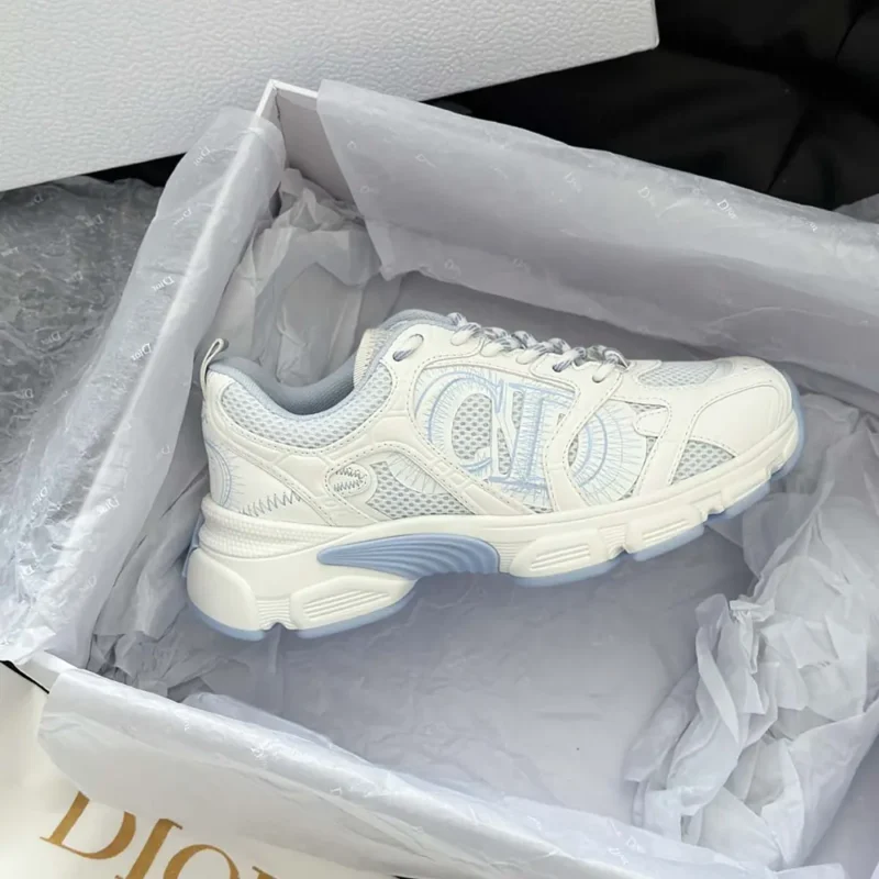 Dior Unisex Chrono Sneaker White and Sky Blue Mesh and Leather-Effect Panels