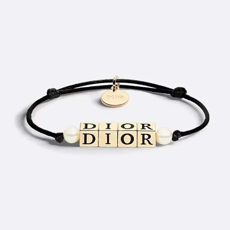 Dior Women D-Dice Bracelet Black Cotton and Lacquer with Gold-Finish Metal and White Resin Pearls