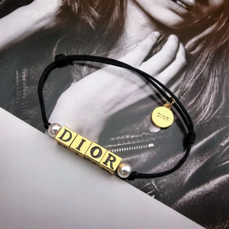 Dior Women D-Dice Bracelet Black Cotton and Lacquer with Gold-Finish Metal and White Resin Pearls