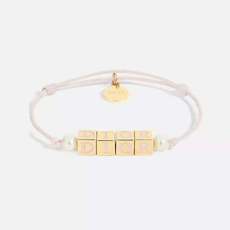 Dior Women D-Dice Bracelet Pale Pink Cotton and Lacquer with Gold-Finish Metal and White Resin Pearls