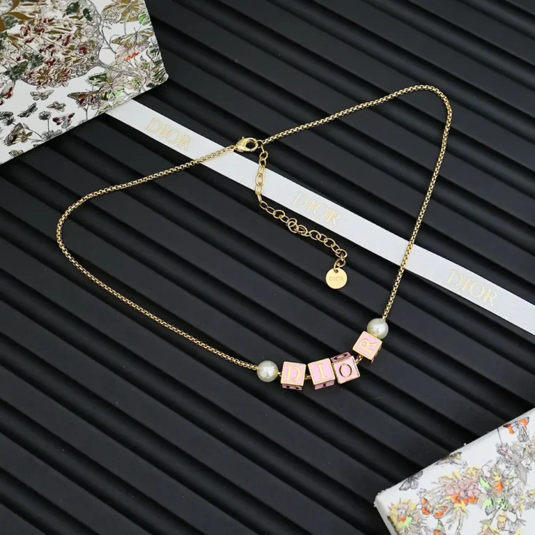 Dior Women D-Dice Necklace Gold-Finish Metal with Pale Pink Lacquer and White Resin Pearls