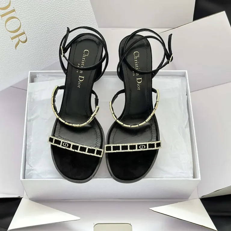 Dior Women Diorissime Heeled Sandal Black Suede Goatskin and Silver-Tone Strass