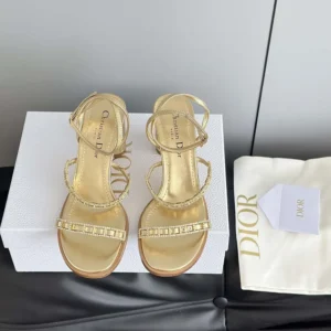 Dior Women Diorissime Heeled Sandal Gold-Tone Laminated Lambskin and Silver-Tone Strass