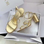 Dior Women Diorissime Heeled Sandal Gold-Tone Laminated Lambskin and Silver-Tone Strass
