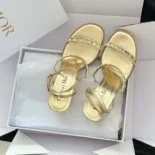 Dior Women Diorissime Heeled Sandal Gold-Tone Laminated Lambskin and Silver-Tone Strass