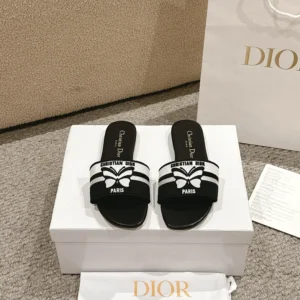 Dior Women Dway Slide Black and White Cotton Embroidered with Christian Dior Papillon Motif