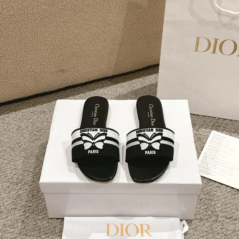 Dior Women Dway Slide Black and White Cotton Embroidered with Christian Dior Papillon Motif