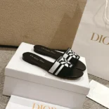Dior Women Dway Slide Black and White Cotton Embroidered with Christian Dior Papillon Motif