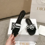 Dior Women Dway Slide Black and White Cotton Embroidered with Christian Dior Papillon Motif