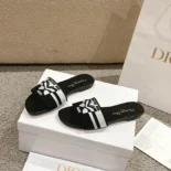 Dior Women Dway Slide Black and White Cotton Embroidered with Christian Dior Papillon Motif