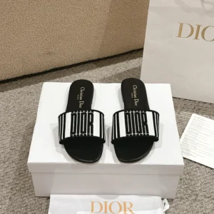 Dior Women Dway Slide Black and White Cotton Embroidered with Dior Graphique Motif